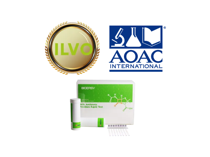  Imagen de un kit de prueba de residuos de antibióticos en leche con logotipos de ILVO y AOAC International.